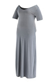 Blue Fashion Casual Plus Size Solid Basic V Neck Short Sleeve Dress