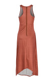 Orange Casual Tank Sleeveless O Neck Asymmetrical Mid Calf Solid Dresses