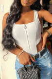 White Sexy Solid Patchwork Zipper Square Collar Regular Bodysuits