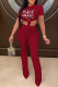 Burgundy Fashion Casual Letter Print Bandage Fold O Neck Short Sleeve Two Pieces