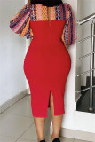 Red Fashion Casual Print Patchwork Slit O Neck Long Sleeve Dresses