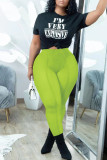 Orange Fashion Casual Letter Print See-through Pants O Neck Short Sleeve Two Pieces