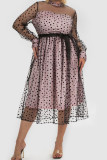 Pink Elegant Print Polka Dot Patchwork See-through O Neck A Line Dresses