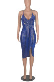Coffee Sexy Solid Patchwork Fold Asymmetrical Spaghetti Strap Sling Dress Dresses