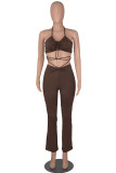Coffee Sexy Solid Patchwork Frenulum Sleeveless Two Pieces