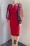 Red Fashion Casual Print Patchwork Slit O Neck Long Sleeve Dresses