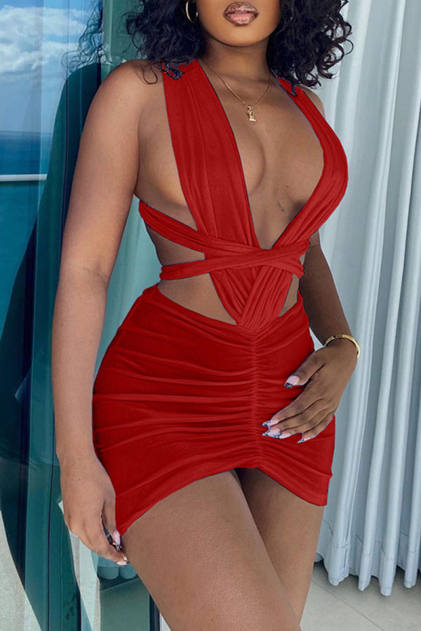 Red Sexy Solid Bandage Hollowed Out Patchwork Fold Asymmetrical Dresses