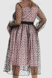 Pink Elegant Print Polka Dot Patchwork See-through O Neck A Line Dresses