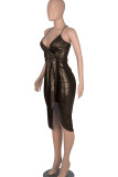 Coffee Sexy Solid Patchwork Fold Asymmetrical Spaghetti Strap Sling Dress Dresses