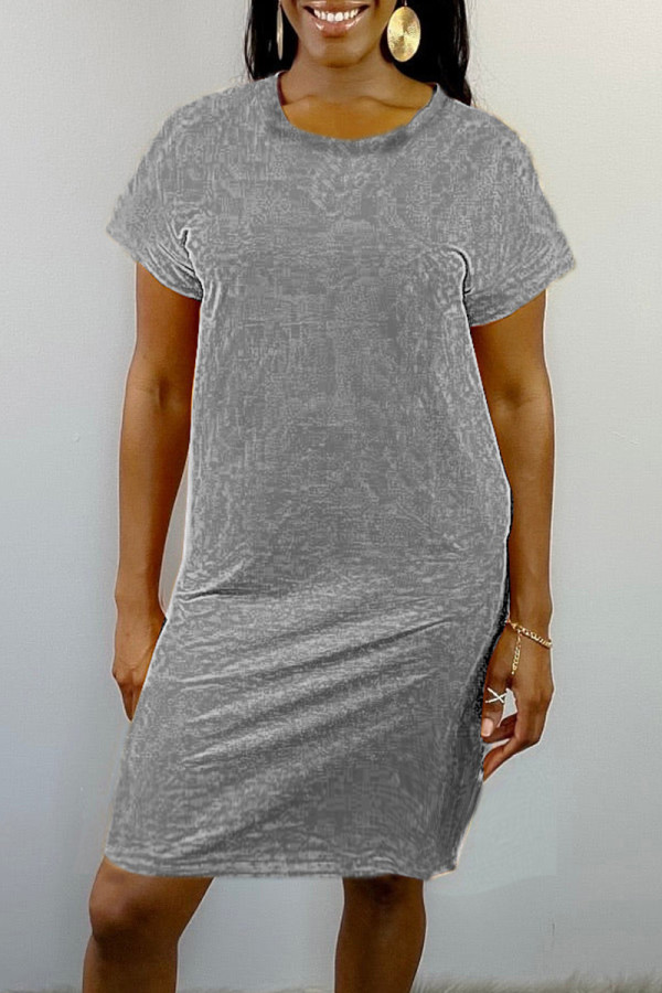Grey Fashion Casual Solid Basic O Neck Short Sleeve Dress