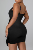 Coffee Sexy Solid Patchwork Flounce Spaghetti Strap Sling Dress Dresses