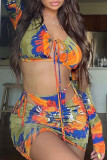 Tangerine Sexy Print Patchwork Frenulum Asymmetrical Long Sleeve Three Pieces