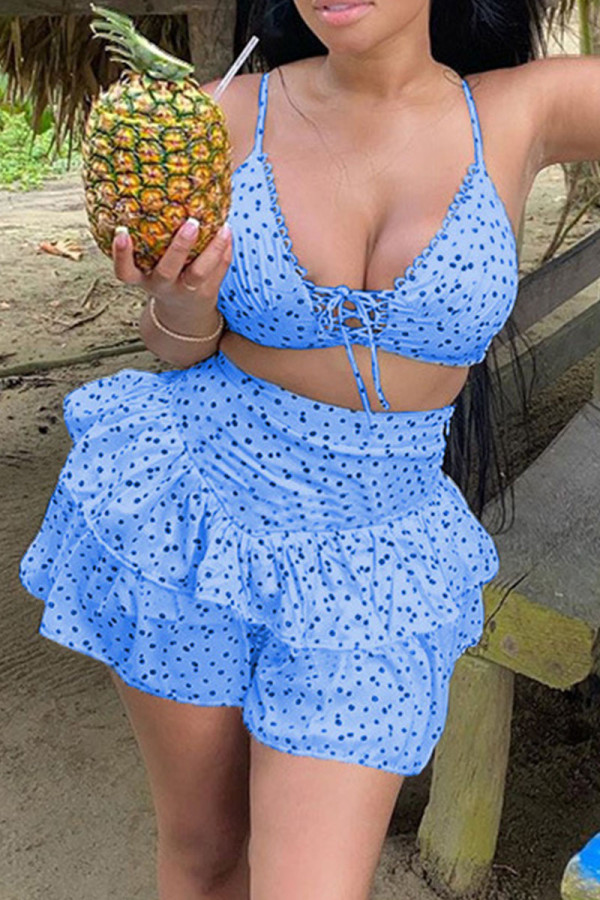 Sky Blue Sexy Print Polka Dot Patchwork Flounce Sleeveless Two Pieces