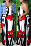 Red Fashion Sexy Print Backless Spaghetti Strap Long Dress