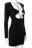 Black Sexy Solid Patchwork Halter Pencil Skirt Dresses
