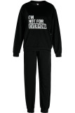 Black Fashion Casual Letter Print Basic O Neck Long Sleeve Two Pieces
