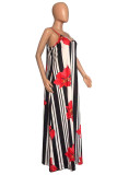 Red Fashion Sexy Print Backless Spaghetti Strap Long Dress