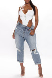 White Sexy Solid Patchwork Zipper Square Collar Regular Bodysuits