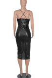 Coffee Sexy Solid Patchwork Fold Asymmetrical Spaghetti Strap Sling Dress Dresses