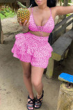 Pink Sexy Print Polka Dot Patchwork Flounce Sleeveless Two Pieces