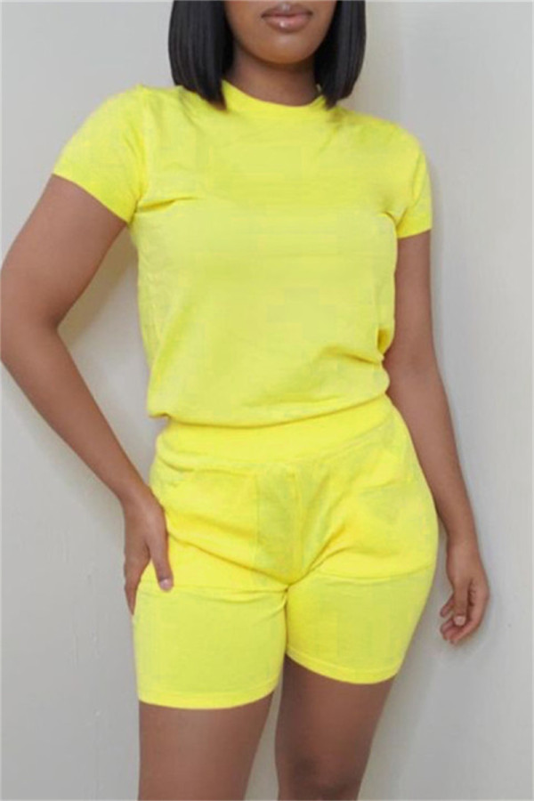 Yellow Fashion Casual Solid Basic O Neck Short Sleeve Two Pieces