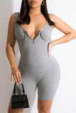 Grey Sexy Solid Patchwork Zipper Collar Skinny Rompers