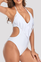 White Fashion Sexy Solid Tassel Split Joint Backless Swimwears
