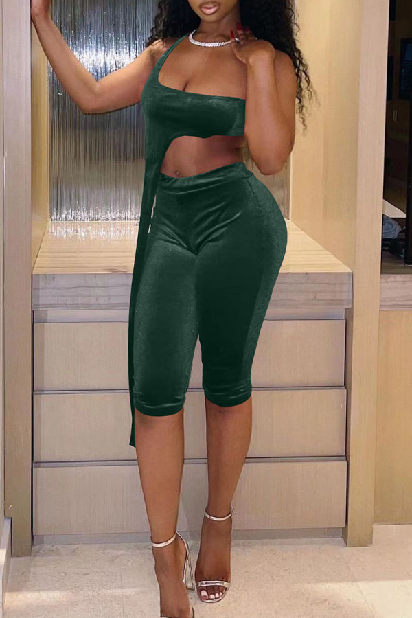 Army Green Sexy Solid Patchwork Asymmetrical Zipper Collar Sleeveless Two Pieces