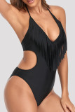 Black Fashion Sexy Solid Tassel Split Joint Backless Swimwears