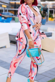 Pink Casual Print Patchwork Turndown Collar Long Sleeve Two Pieces