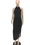Black Elegant Solid Split Joint Backless Slit Halter Straight Dresses
