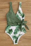 Green Fashion Sexy Print Bandage Split Joint V Neck Plus Size Swimwear