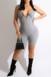 Grey Sexy Solid Patchwork Zipper Collar Skinny Rompers