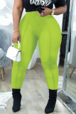 Fluorescent Green Fashion Sexy Solid See-through Skinny High Waist Pencil Trousers