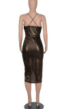 Coffee Sexy Solid Patchwork Fold Asymmetrical Spaghetti Strap Sling Dress Dresses