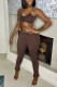 Coffee Sexy Solid Patchwork Frenulum Sleeveless Two Pieces