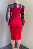 Red Fashion Casual Print Patchwork Slit O Neck Long Sleeve Dresses