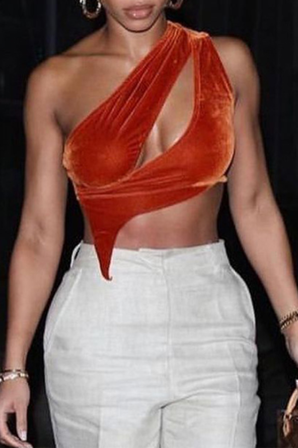 Orange Sexy Solid Patchwork One Shoulder Tops