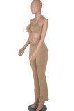 Coffee Sexy Solid Patchwork Frenulum Sleeveless Two Pieces