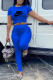 Blue Fashion Casual Print Letter O Neck Short Sleeve Two Pieces