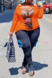Tangerine Red Sexy Solid Ripped Off the Shoulder Plus Size Tops
