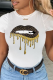 White Fashion Daily Lips Printed Patchwork O Neck T-Shirts