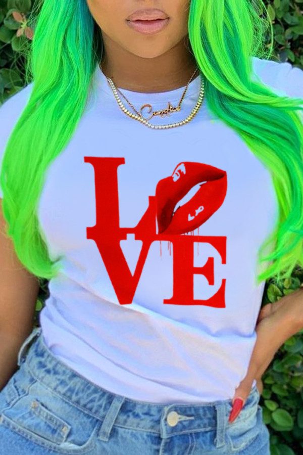 White Fashion Casual Print Patchwork O Neck T-Shirts
