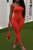 Rose Red Sexy Solid Split Joint Strapless Skinny Jumpsuits