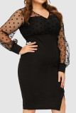 Black Elegant Solid Patchwork See-through Slit V Neck One Step Skirt Dresses