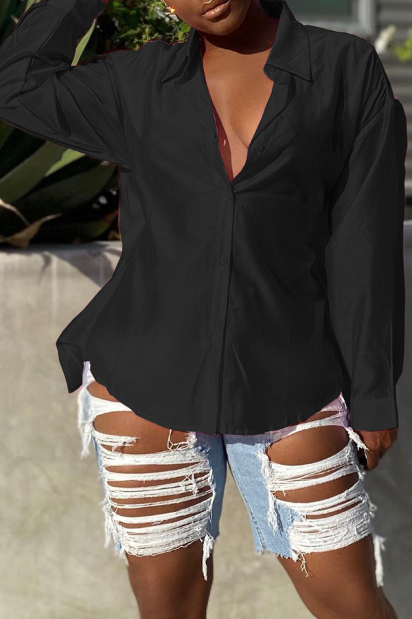 Black Sexy Solid Backless Turndown Collar Tops