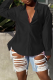Black Sexy Solid Backless Turndown Collar Tops