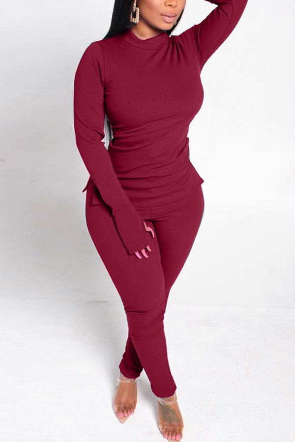 Red Casual Solid Basic Half A Turtleneck Long Sleeve Two Pieces