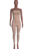 Apricot Sexy Solid Split Joint Strapless Skinny Jumpsuits
