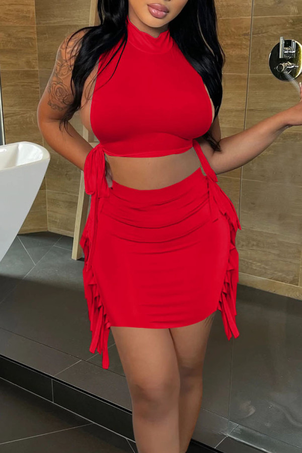 Red Sexy Solid Tassel Patchwork Frenulum Half A Turtleneck Sleeveless Two Pieces